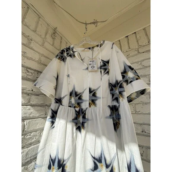 ulla popken dress Eco Cotton Starburst Print Tie Neck Dress 20/22 - Picture 1 of 14